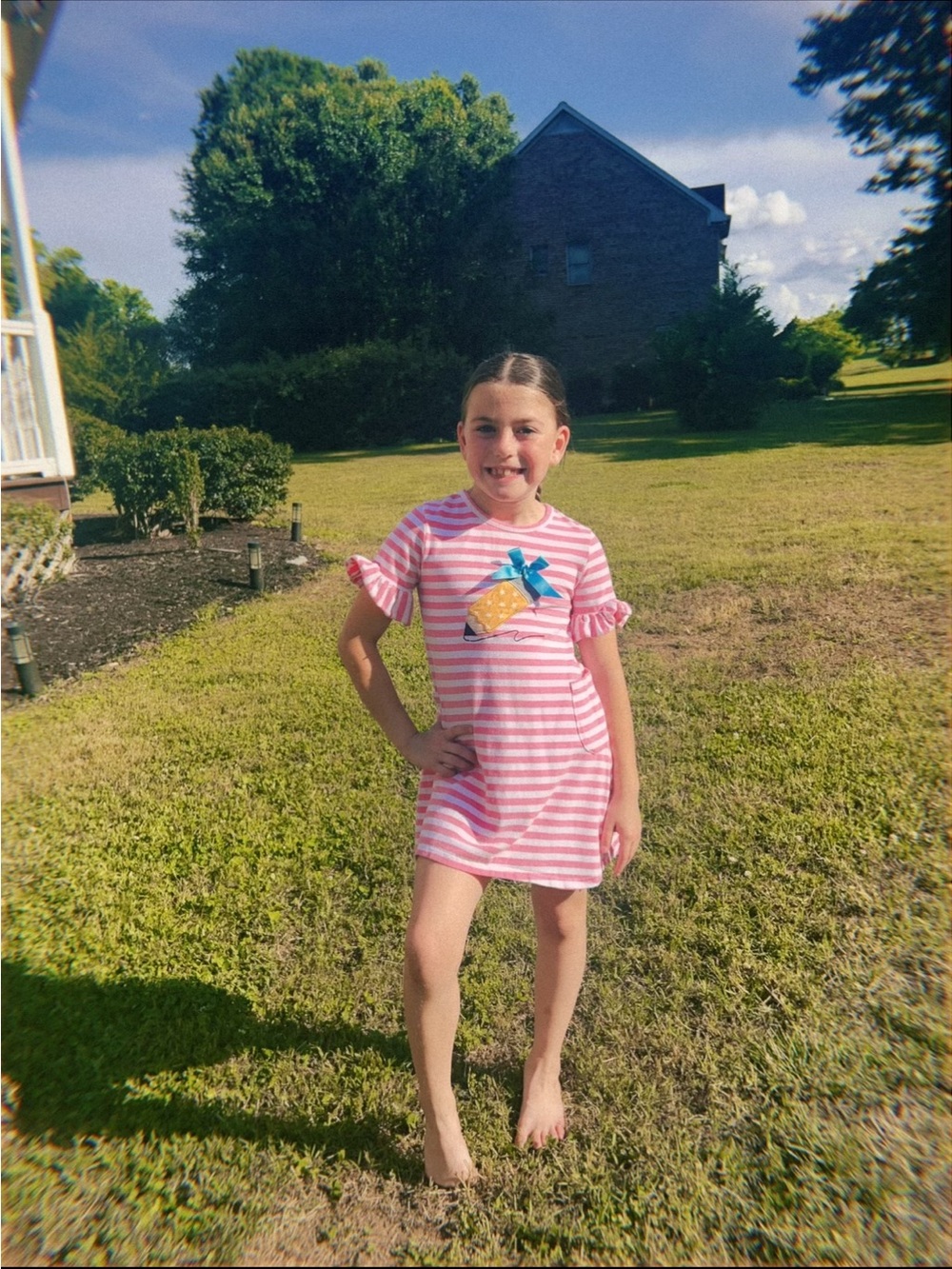 Girls Pink & White Striped Ruffle Sleeve Dress with Pineapple Patch